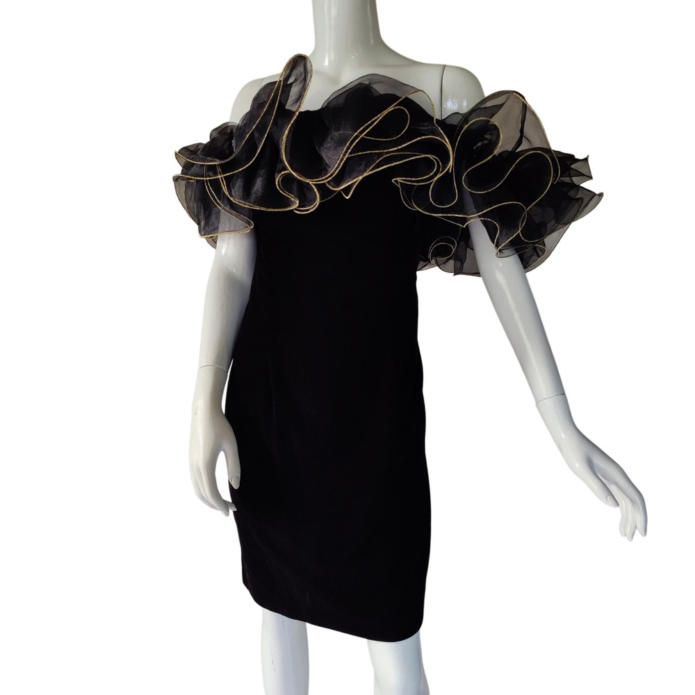 VTG 80s Black Velvet Cocktail Dress Prom Organza Ruffle LBD Strapless w/Hairclip